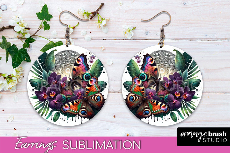 Butterfly Earrings Sublimation - Flower Round Earrings Sublimation OrangeBrushStudio 