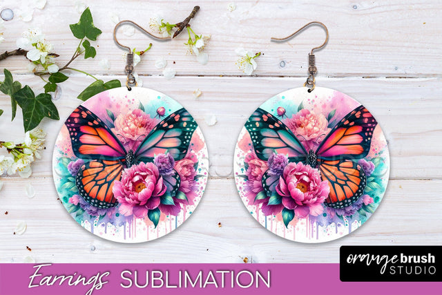 Butterfly Earrings Sublimation - Flower Round Earrings Sublimation OrangeBrushStudio 