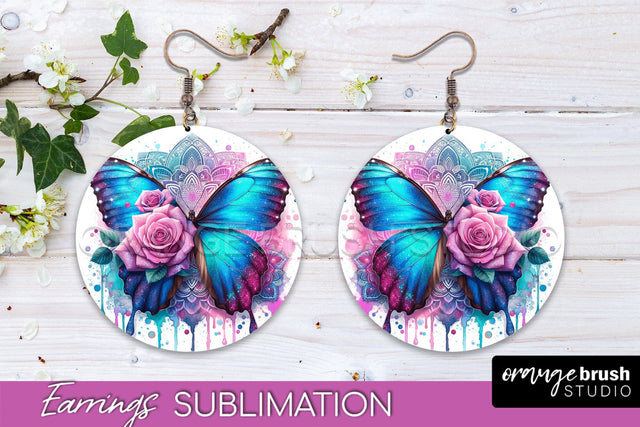 Butterfly Earrings Sublimation - Flower Round Earrings Sublimation OrangeBrushStudio 