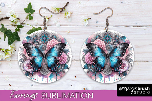 Butterfly Earrings Sublimation - Flower Round Earrings Sublimation OrangeBrushStudio 