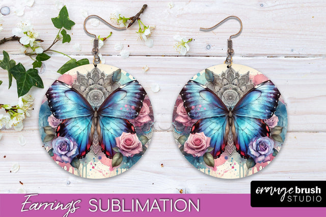 Butterfly Earrings Sublimation - Flower Round Earrings Sublimation OrangeBrushStudio 