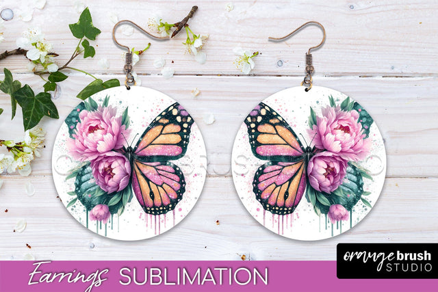 Butterfly Earrings Sublimation - Flower Round Earrings Sublimation OrangeBrushStudio 