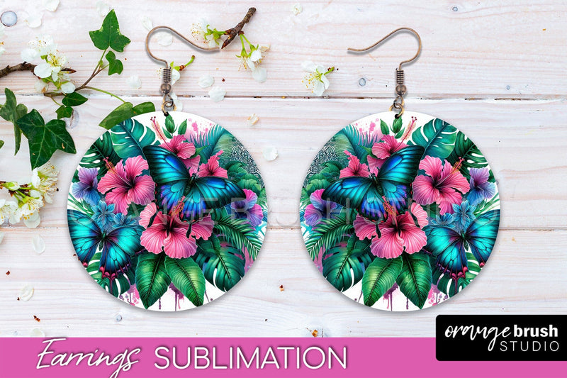 Butterfly Earrings Sublimation - Flower Round Earrings Sublimation OrangeBrushStudio 
