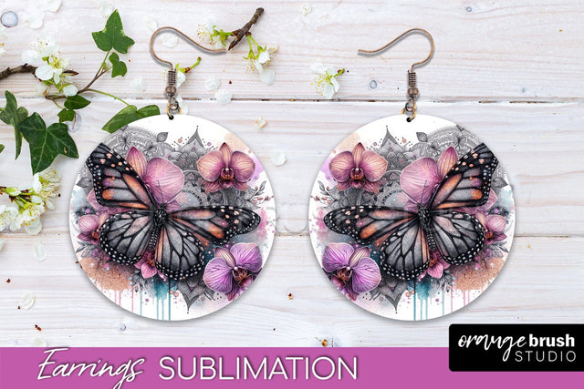 Butterfly Earrings Sublimation - Flower Round Earrings Sublimation OrangeBrushStudio 