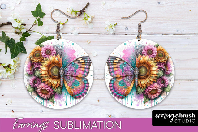 Butterfly Earrings Sublimation - Flower Round Earrings Sublimation OrangeBrushStudio 