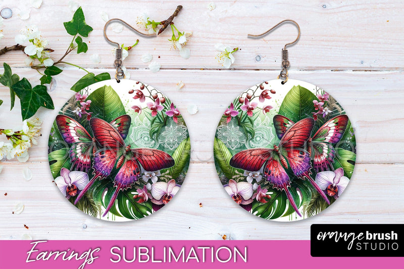 Butterfly Earrings Sublimation - Flower Round Earrings Sublimation OrangeBrushStudio 