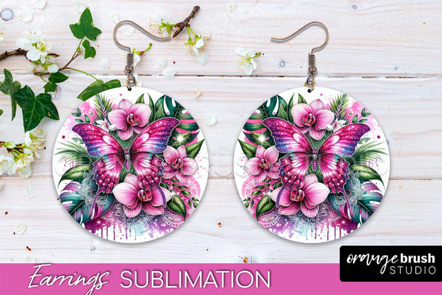 Butterfly Earrings Sublimation - Flower Round Earrings Sublimation OrangeBrushStudio 