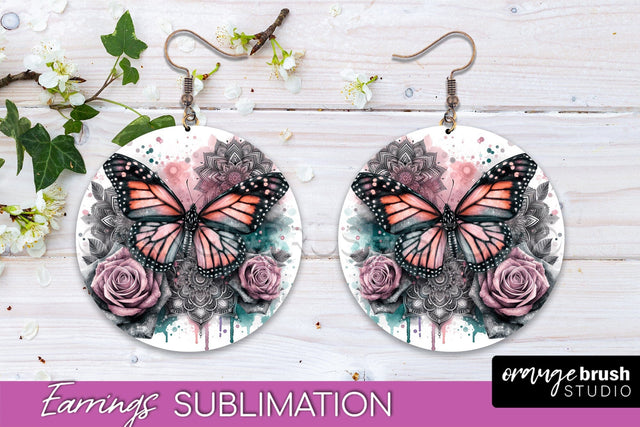 Butterfly Earrings Sublimation - Flower Round Earrings Sublimation OrangeBrushStudio 