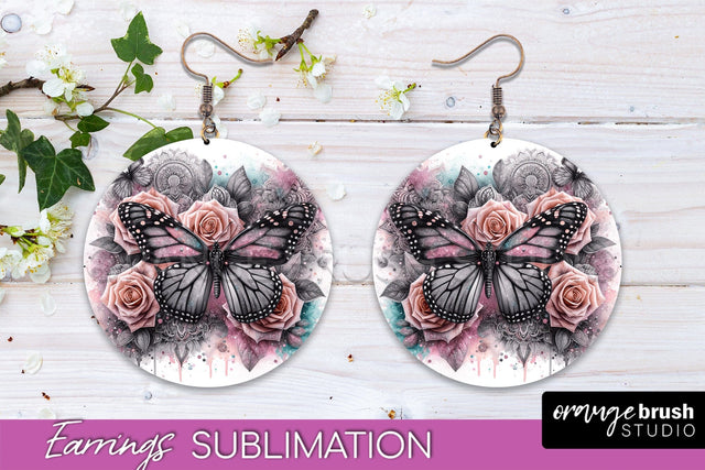 Butterfly Earrings Sublimation - Flower Round Earrings Sublimation OrangeBrushStudio 
