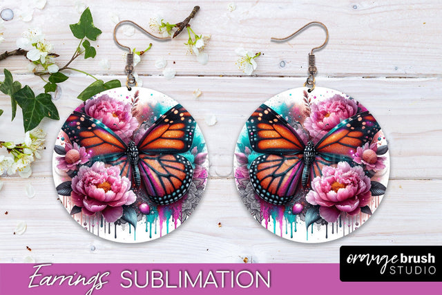 Butterfly Earrings Sublimation - Flower Round Earrings Sublimation OrangeBrushStudio 