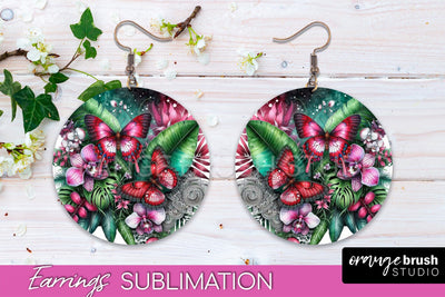 Butterfly Earrings Sublimation - Flower Round Earrings Sublimation OrangeBrushStudio 