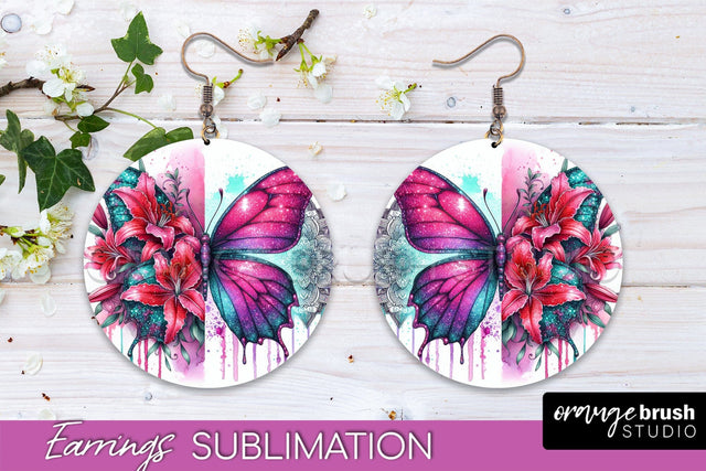 Butterfly Earrings Sublimation - Flower Round Earrings Sublimation OrangeBrushStudio 