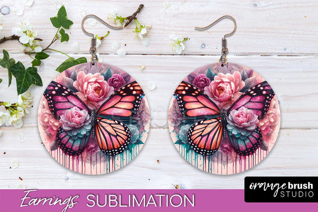 Butterfly Earrings Sublimation - Flower Round Earrings Sublimation OrangeBrushStudio 