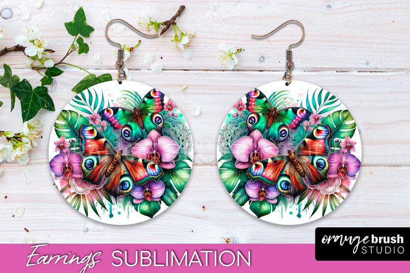 Butterfly Earrings Sublimation - Flower Round Earrings Sublimation OrangeBrushStudio 
