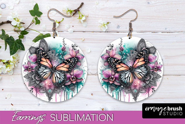 Butterfly Earrings Sublimation - Flower Round Earrings Sublimation OrangeBrushStudio 
