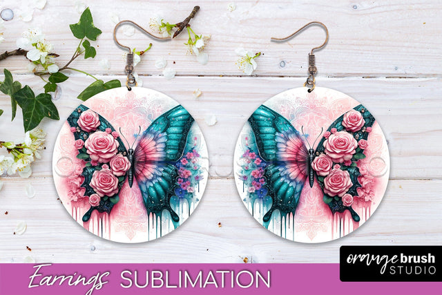 Butterfly Earrings Sublimation - Flower Round Earrings Sublimation OrangeBrushStudio 