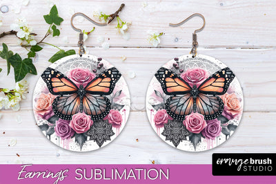 Butterfly Earrings Sublimation - Flower Round Earrings Sublimation OrangeBrushStudio 