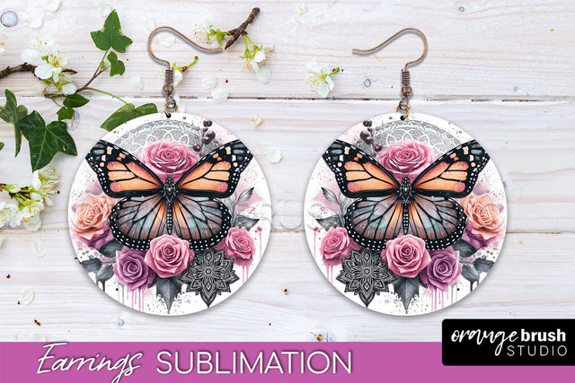 Butterfly Earrings Sublimation - Flower Round Earrings Sublimation OrangeBrushStudio 