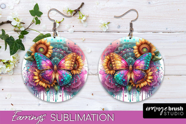 Butterfly Earrings Sublimation - Flower Round Earrings Sublimation OrangeBrushStudio 