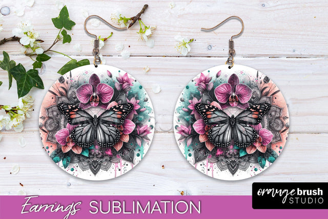 Butterfly Earrings Sublimation - Flower Round Earrings Sublimation OrangeBrushStudio 