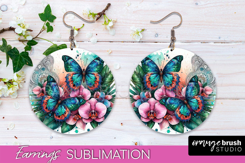 Butterfly Earrings Sublimation - Flower Round Earrings Sublimation OrangeBrushStudio 