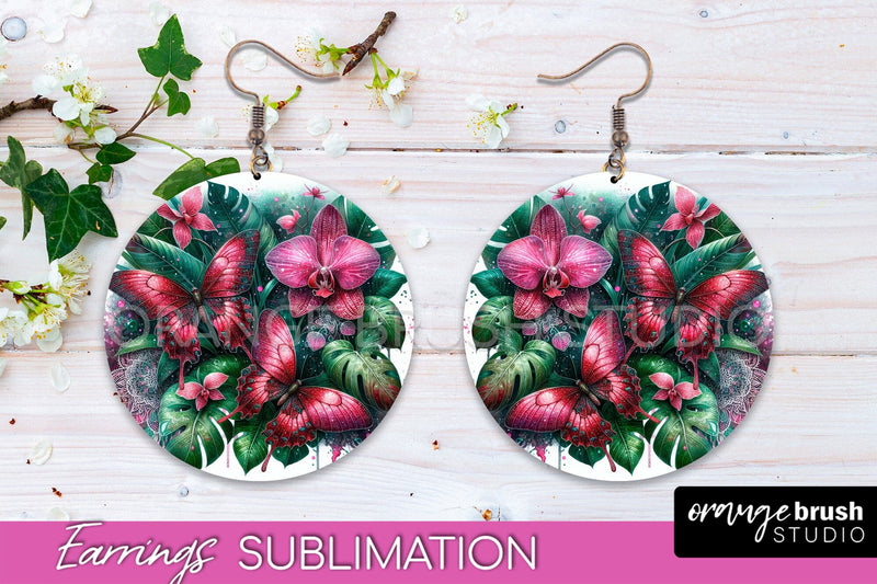 Butterfly Earrings Sublimation - Flower Round Earrings Sublimation OrangeBrushStudio 