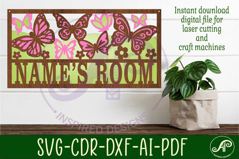 Butterfly field scene name sign SVG 3 layer laser cut SVG APInspireddesigns 
