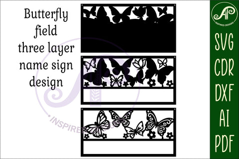 Butterfly field scene name sign SVG 3 layer laser cut SVG APInspireddesigns 
