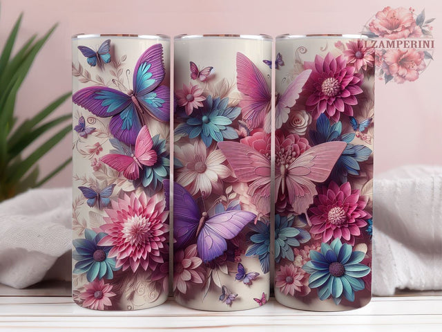 Butterfly floral 20 oz Skinny Tumbler, 3D Pink Butterfly floral, Instant Digital Download PNG, Straight & Tapered Tumbler Wrap PNG Sublimation Li Zamperini 