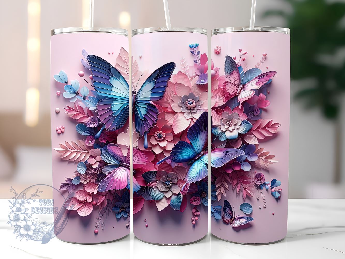 MOM Colorful Butterflies & Flowers 20 oz Skinny Tumbler Wrap Sublimation  Design - So Fontsy