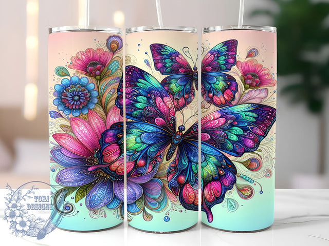 Butterfly Floral 20oz Skinny Tumbler PNG, Pastel Butterfly Tumbler Sublimation Wrap, Straight & Tapered Tumbler Wrap, Instant Digital Download Sublimation ToriDesigns 