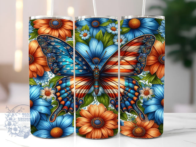 Butterfly Floral American 20oz Skinny Tumbler, 4th of July Tumbler Png, Straight & Tapered Tumbler Wrap, Instant Digital Download Sublimation ToriDesigns 