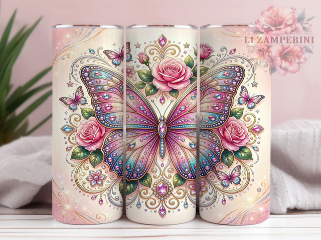 Butterfly Floral Boho Glam 20oz Tumbler, Boho Flowers, Large Butterfly, Luxurious Design, Glamorous Style, 20oz Tumbler Wrap, Sublimation PNG Sublimation Li Zamperini 