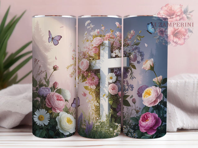 Butterfly Floral Cross 20oz Tumbler, Butterfly Garden, Christian Theme, Faith Design, 20oz Wrap, Sublimation Design, PNG File Sublimation Li Zamperini 
