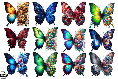 Butterfly Floral Flower PNG Clipart Bundle Printable File Sublimation Creativedesigntee 