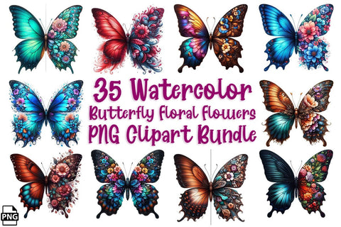 Butterfly Floral Flower PNG Clipart Bundle Printable File Sublimation Creativedesigntee 