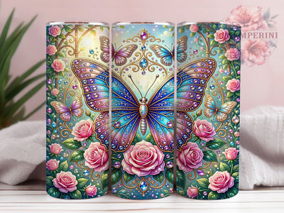 Butterfly Floral Gemstone 20oz Tumbler, Gemstone Butterfly, Floral Pattern, Colorful Design, Whimsical Charm, Boho Motif, Skinny Tumbler, Sublimation PNG Sublimation Li Zamperini 