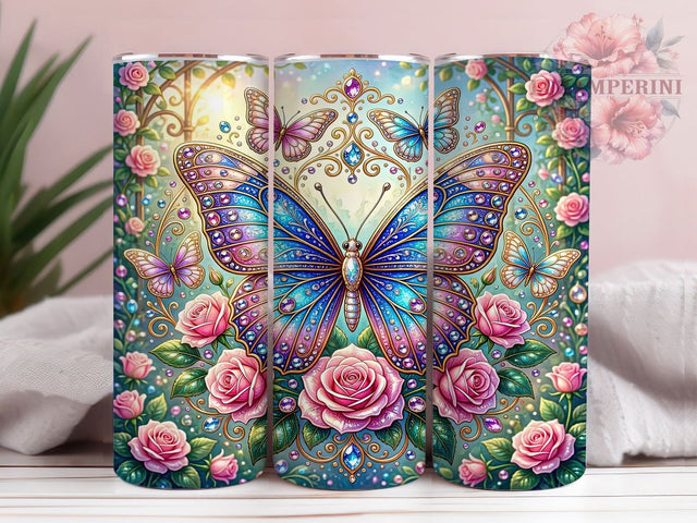 Butterfly Floral Gemstone 20oz Tumbler, Gemstone Butterfly, Floral Pattern, Colorful Design, Whimsical Charm, Boho Motif, Skinny Tumbler, Sublimation PNG Sublimation Li Zamperini 