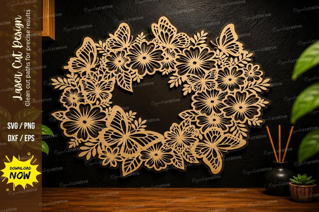Butterfly Flower Wreath Laser Cut Svg Design SVG Regulrcrative 