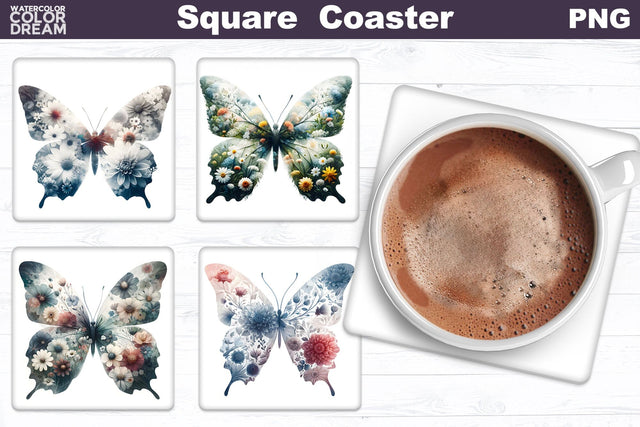 Butterfly Flowers Square Coaster | Double Exposure Butterfly Sublimation WatercolorColorDream 
