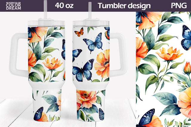 Butterfly Flowers Tumbler 40 Oz | 40 OZ Tumbler Wrap Sublimation WatercolorColorDream 