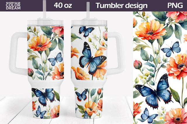 Butterfly Flowers Tumbler 40 Oz | 40 OZ Tumbler Wrap Sublimation WatercolorColorDream 