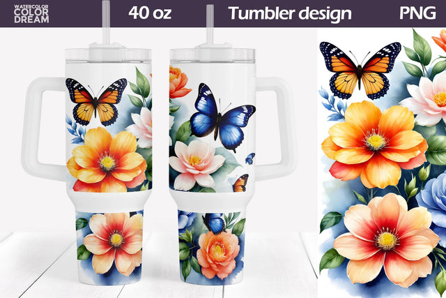 Butterfly Flowers Tumbler 40 Oz | 40 OZ Tumbler Wrap Sublimation WatercolorColorDream 