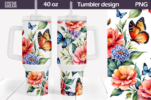 Butterfly Flowers Tumbler 40 Oz | 40 OZ Tumbler Wrap Sublimation WatercolorColorDream 