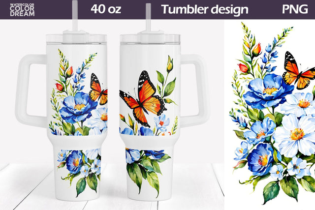 Butterfly Flowers Tumbler 40 Oz | 40 OZ Tumbler Wrap Sublimation WatercolorColorDream 