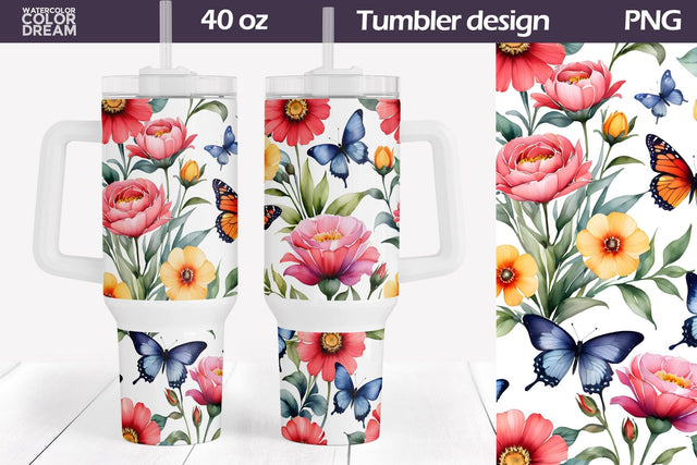 Butterfly Flowers Tumbler 40 Oz | 40 OZ Tumbler Wrap Sublimation WatercolorColorDream 