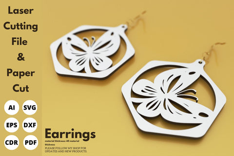 Butterfly hexagon Earrings | paper cut | svg laser cut Glowforge SVG tofigh4lang 