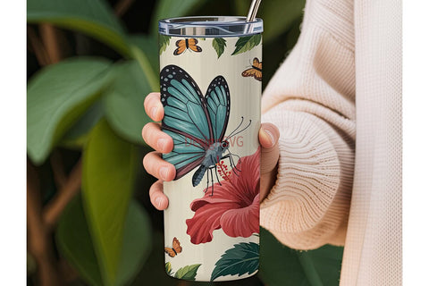 Butterfly Hibiscus Garden 20oz Tumbler Sublimation DesignSVG 