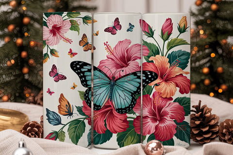 Butterfly Hibiscus Garden 20oz Tumbler Sublimation DesignSVG 