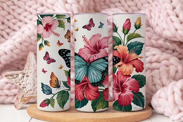 Butterfly Hibiscus Garden 20oz Tumbler Sublimation DesignSVG 